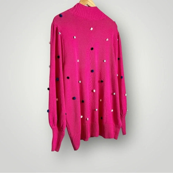 Crown & Ivy | Pom Pom Knit Sweater Puff Sleeve Pullover Pink - Picture 6 of 8
